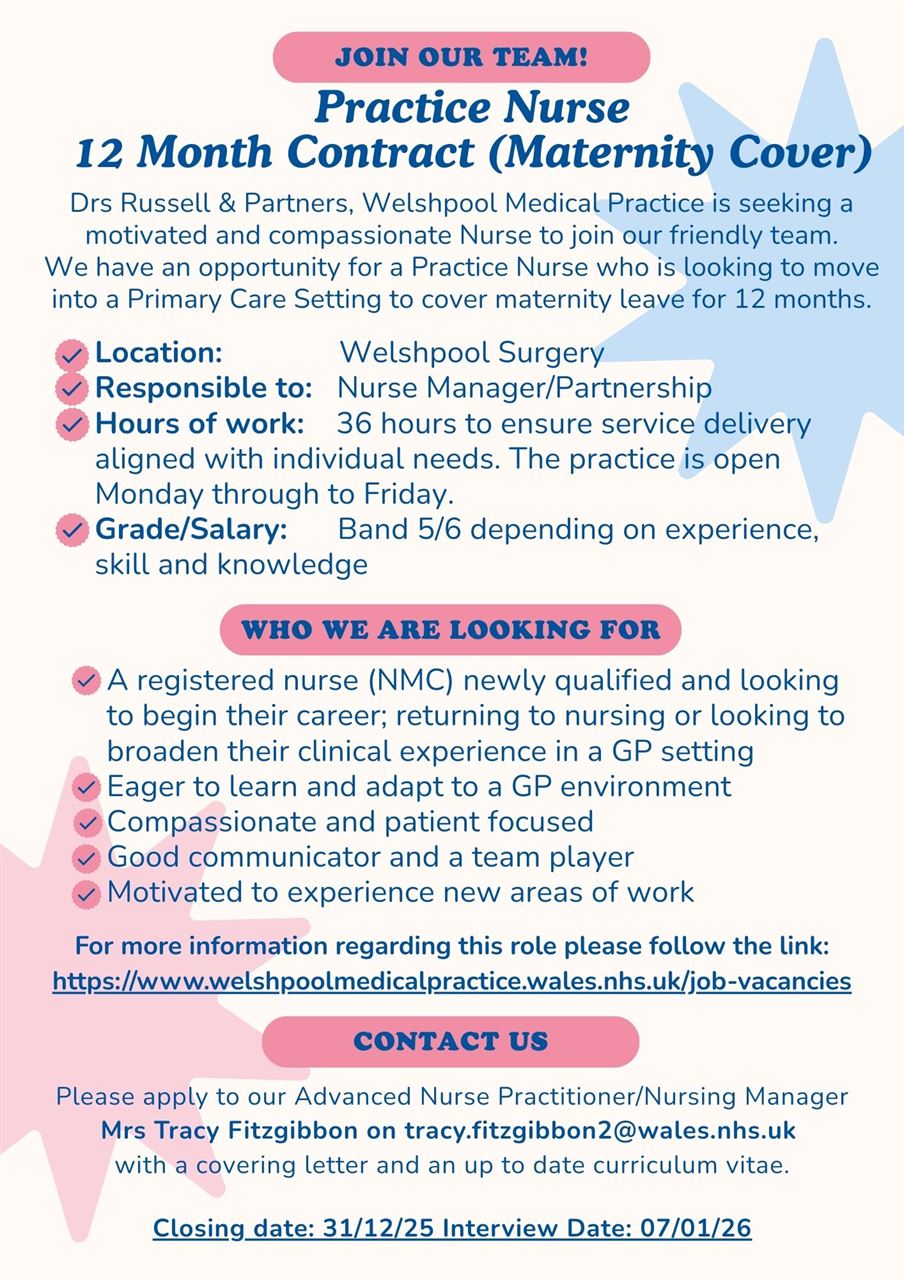 Practice Nurse Vacancy 12 Month Contract 